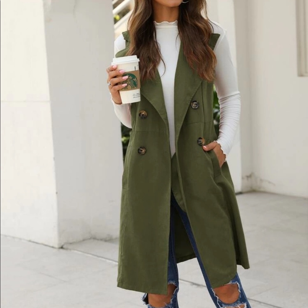Vest Double Breasted Trench Coat Jacket black - Picture 5 of 8